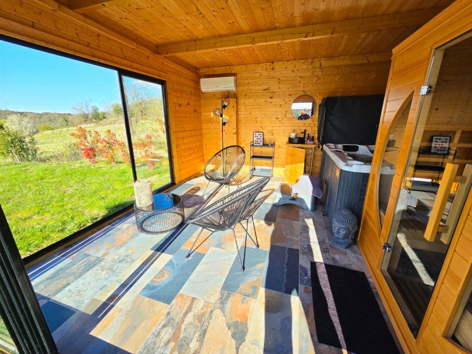 Inside the spa chalet with hot tub and sauna